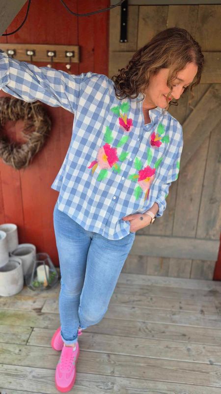  BOHEME Checkered Bluse Blue w Brodery